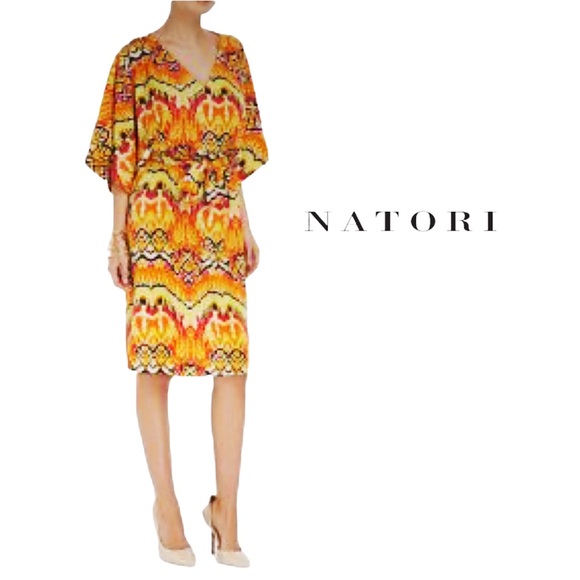 N NATORI MANDARIN ORANGE IKAT BELTED CAFTAN SHIRT DRESS SZ M